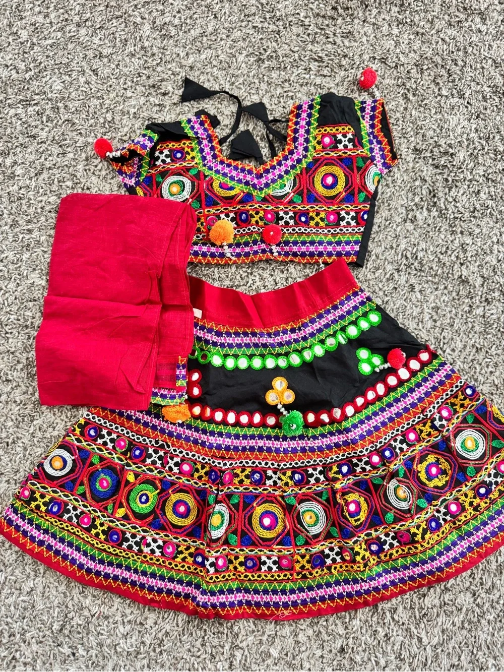 Traditional Black & Red Girls' Embroidered Festive Costume